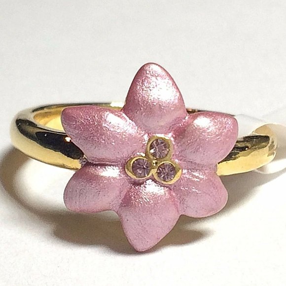 Gold Pink Plumeria Flower Ring Size 6 8 Crystal Yellow Plated Island Tropical - Picture 5 of 10